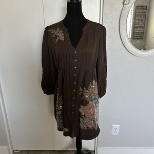 Tasha Polizzi Brown Sequin Embellished Dress Size M Womens Turquoise Buttons